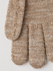 Beige textured knit glove liners with ribbed cuffs and mitten-style fingers