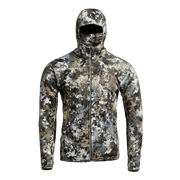 Digital camouflage zip-up hoodie with attached hood, front zipper, and two front pockets