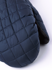 Blue quilted mitten with stitched baffle panels and padded knuckles