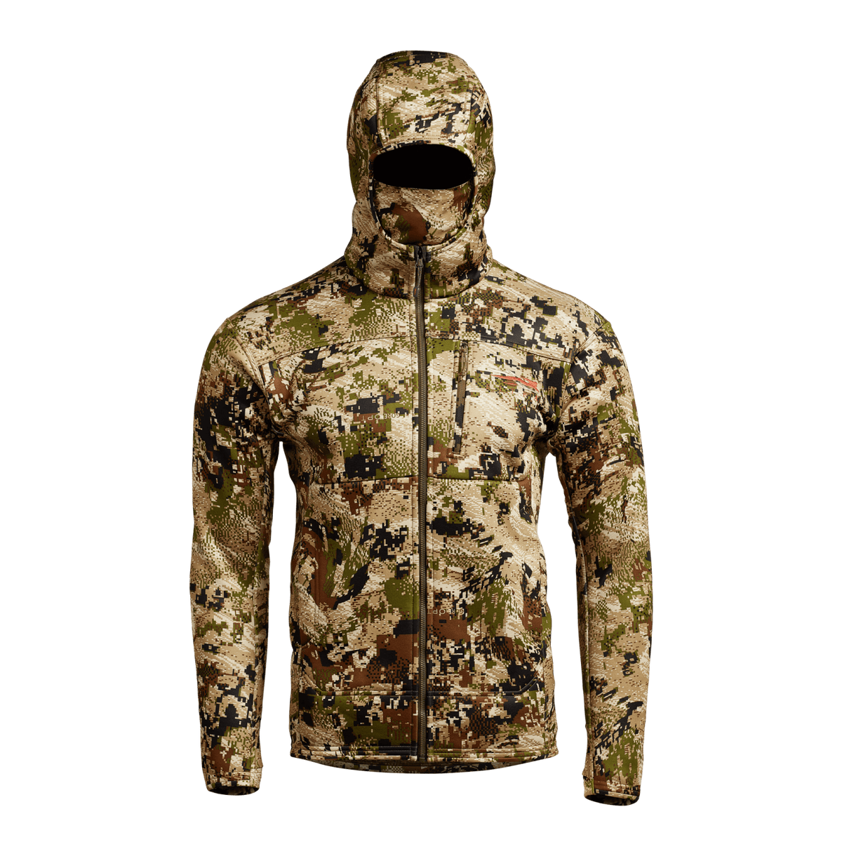 Camouflage zip-up hoodie with attached hood and front zipper, long sleeves and cuffs