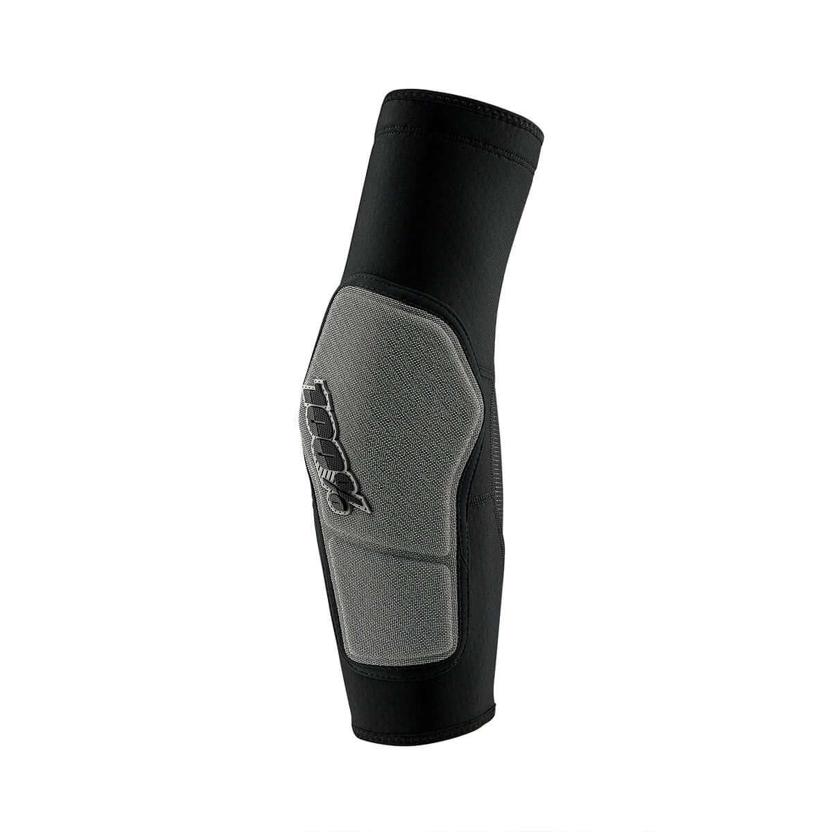 Black elbow guard sleeve with grey padded front panel and logo