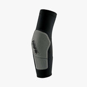 Black and grey elbow guard sleeve with padded front panel and logo