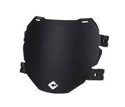 Black downhill number plate with central badge and right-side mounting clips
