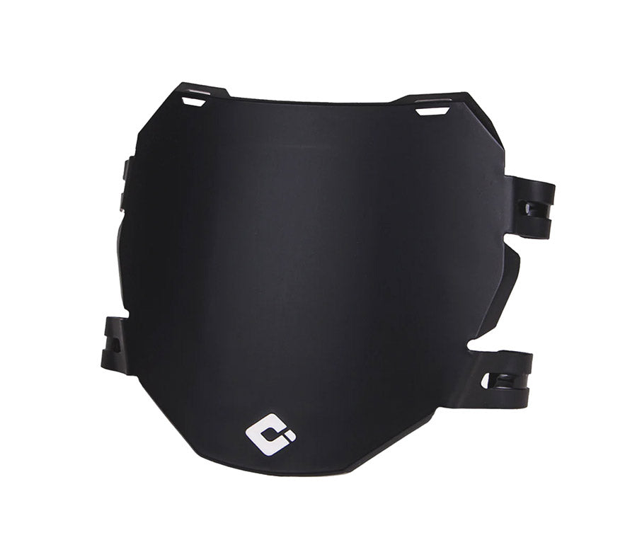 Black downhill number plate with central badge and right-side mounting clips
