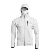 White zip-up hoodie with contrast zipper track, adjustable hood, and front pocket pouch