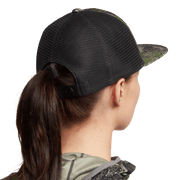 Women's dark mesh trucker hat with adjustable strap and camo brim, orange animal graphic