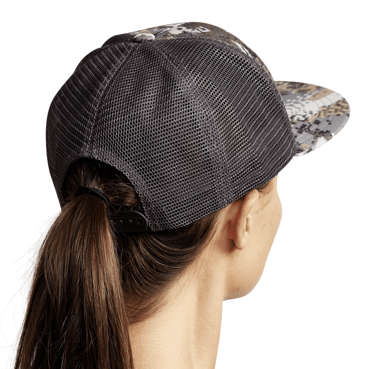 Women's dark mesh trucker hat with camo brim and adjustable strap, side view