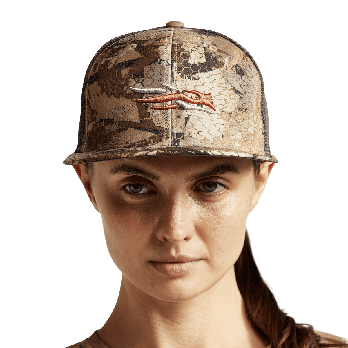 Camouflage women's trucker cap with front snap and orange antler logo, brown brim