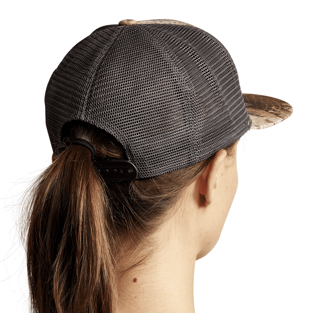 Women's dark mesh trucker hat with camo brim and adjustable strap, back/side view