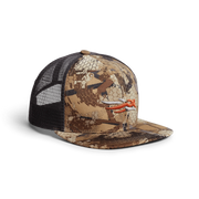 Camouflage women's trucker cap with black mesh sides and brown brim, orange logo