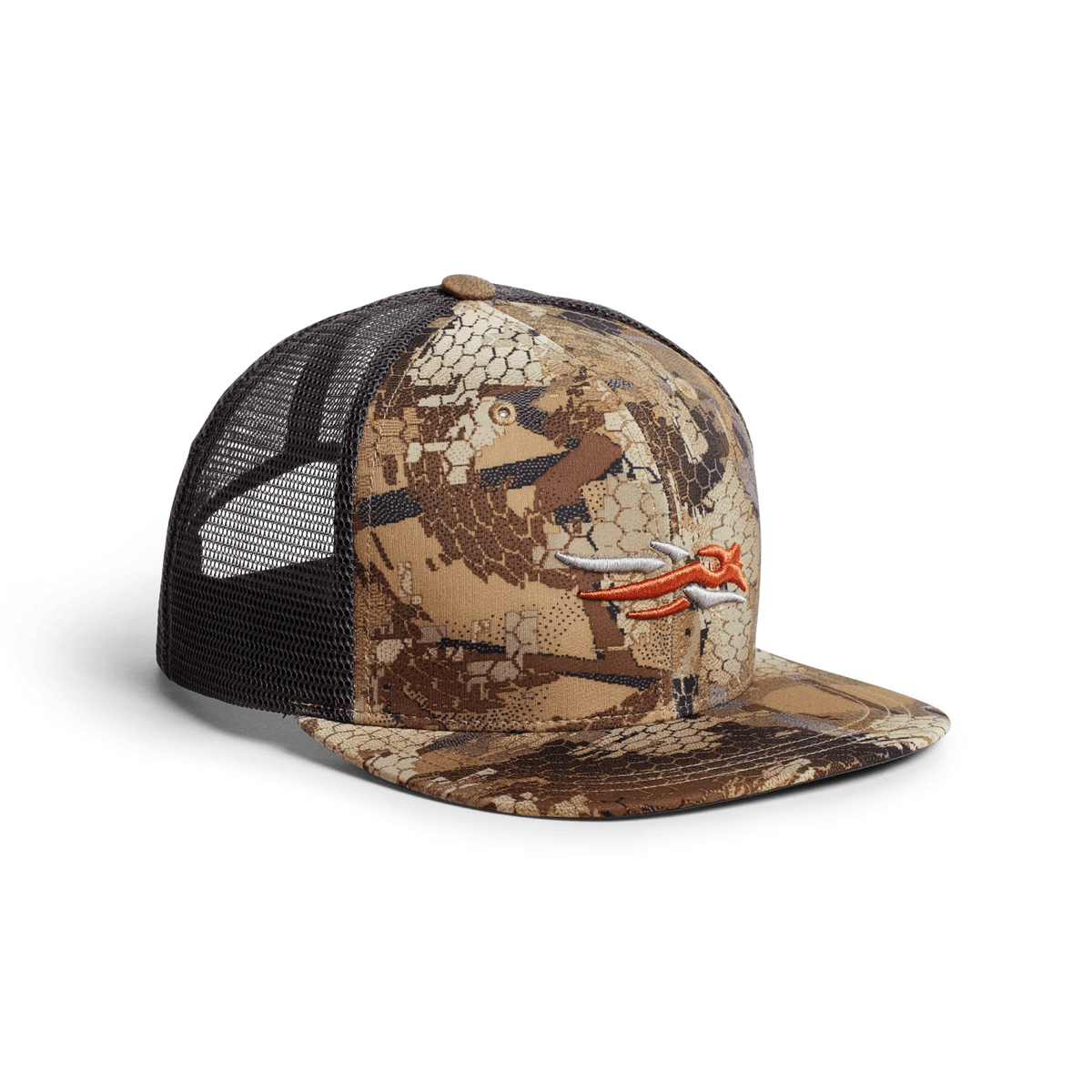 Camouflage women's trucker cap with black mesh sides and brown brim, orange logo