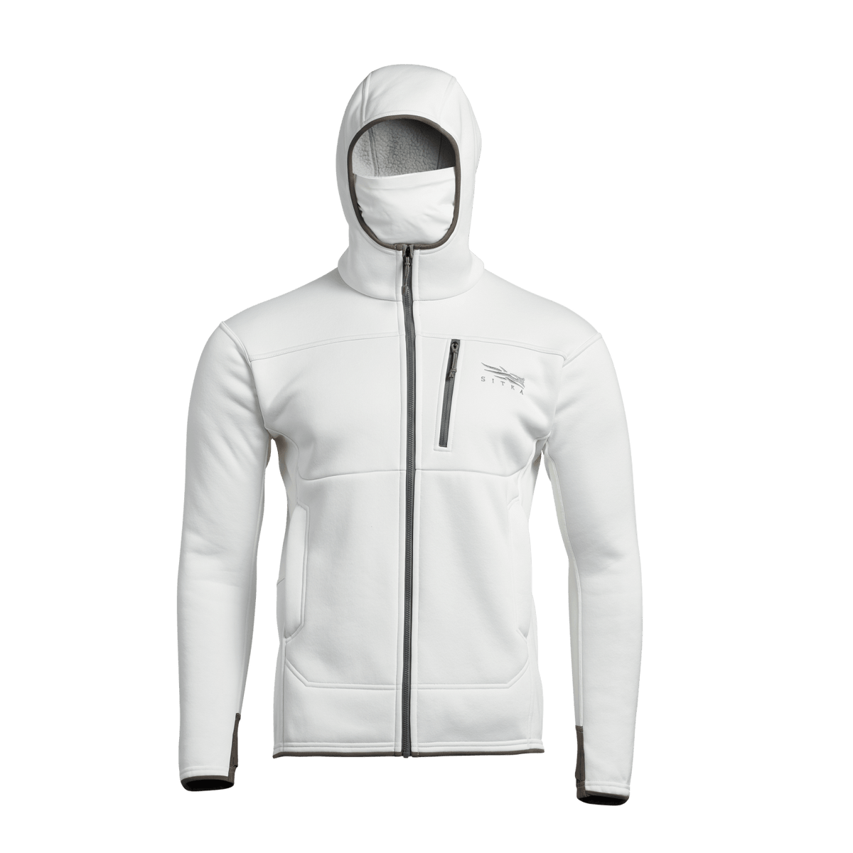 White zip-up hoodie with adjustable hood, front zipper, and kangaroo pocket