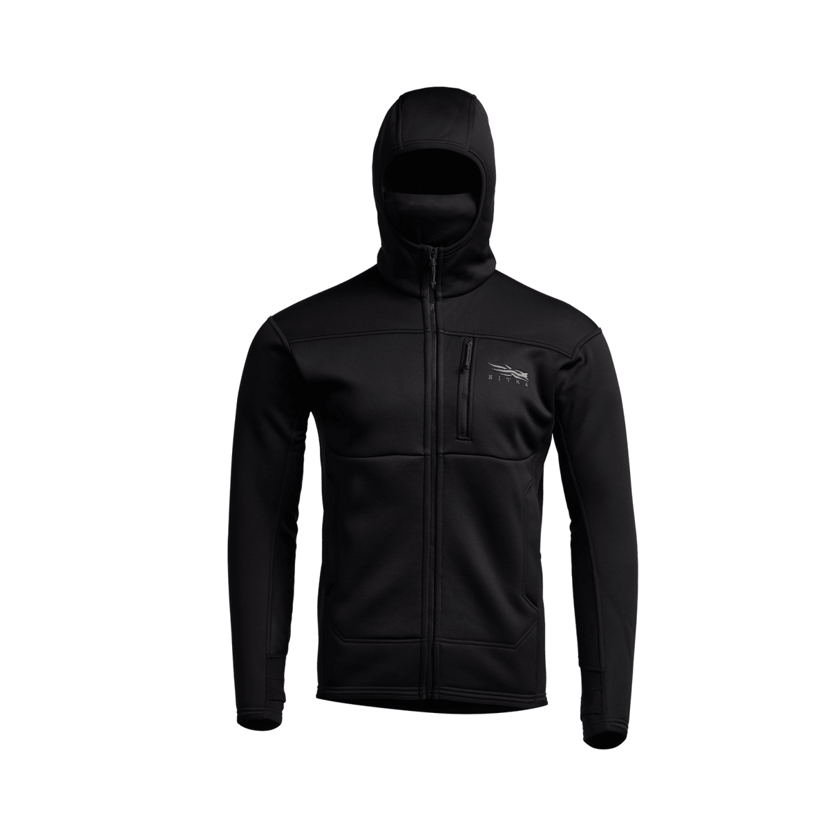 Black zip-front hooded jacket with chest logo and stand collar