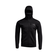 Black zip-up hoodie with hood and front zipper
