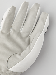Light gray winter gloves with off-white palm panel and stitched finger seams