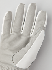 Light gray suede-and-fleece gloves with stitched fingers and curved thumb panel