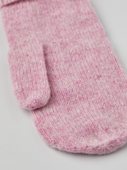 Pink knit mitten liner with ribbed cuff, close-up.