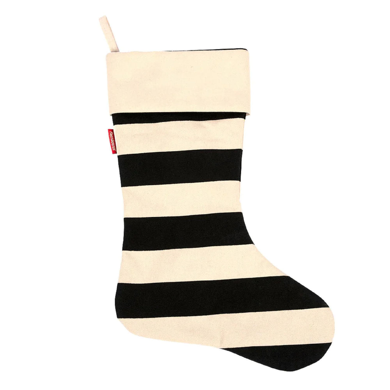 Striped knit stocking with black and cream bands, long cuff and looped hanger