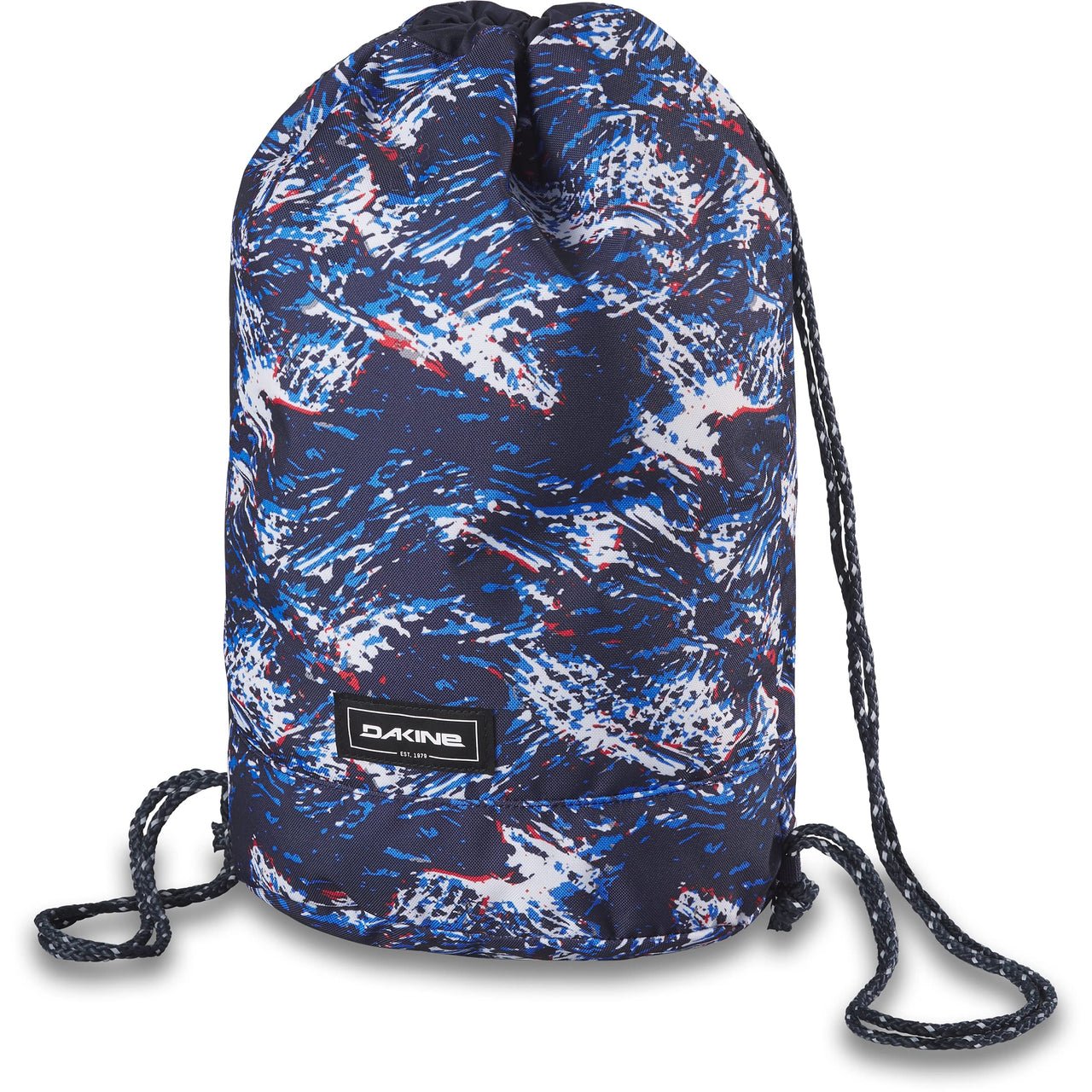 16L cinch backpack with blue camo print, front logo patch, drawstring closure and cords