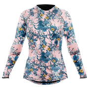 Hooded long-sleeve top with all-over floral print, pink base with blue and yellow accents