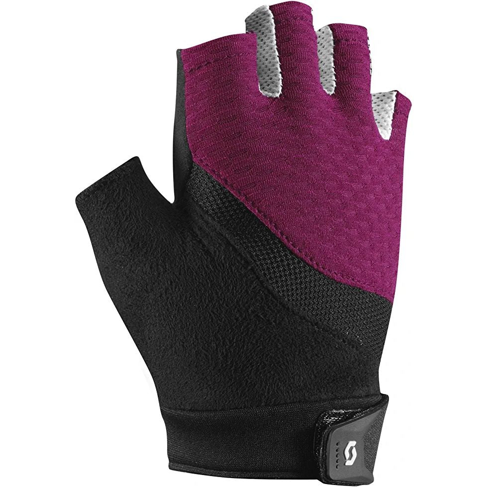 Women's fingerless bike gloves in plum violet and black knit with padded palm