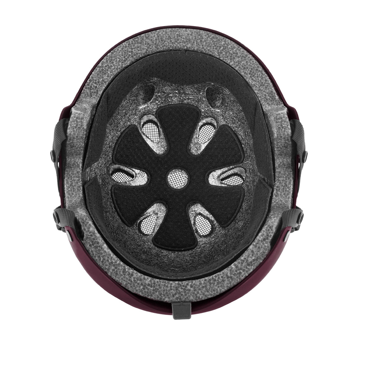 Burgundy snow helmet interior with EPS liner and vented head ring