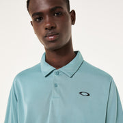Men's light blue polo shirt close-up on model, showing collar and button placket