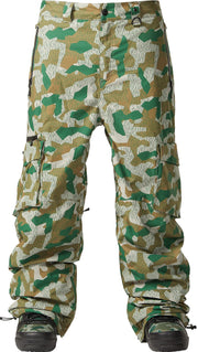 Men's camo cargo snow pants with adjustable waistband and side cargo pockets
