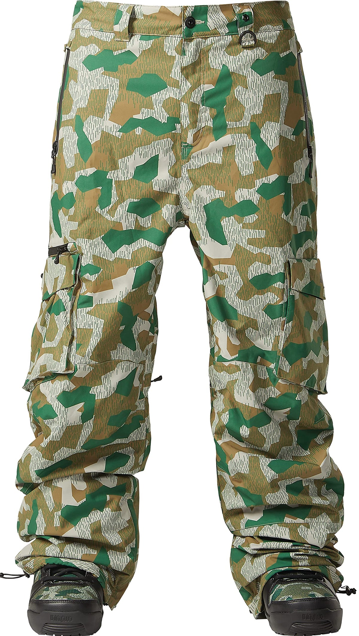 Men's camo cargo snow pants with adjustable waistband and side cargo pockets