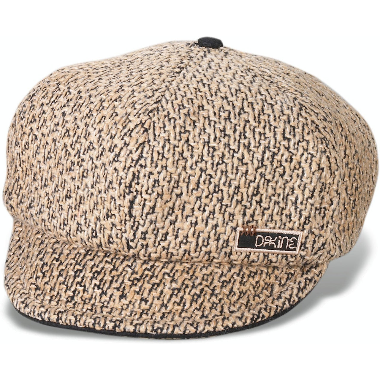 Dakine camel tweed flat cap with black button and stitched logo label