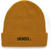 Gold knit beanie with ribbed cuff and HOWL logo patch