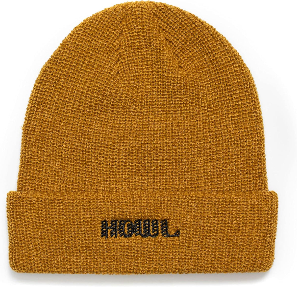 Gold knit beanie with ribbed cuff and HOWL logo patch