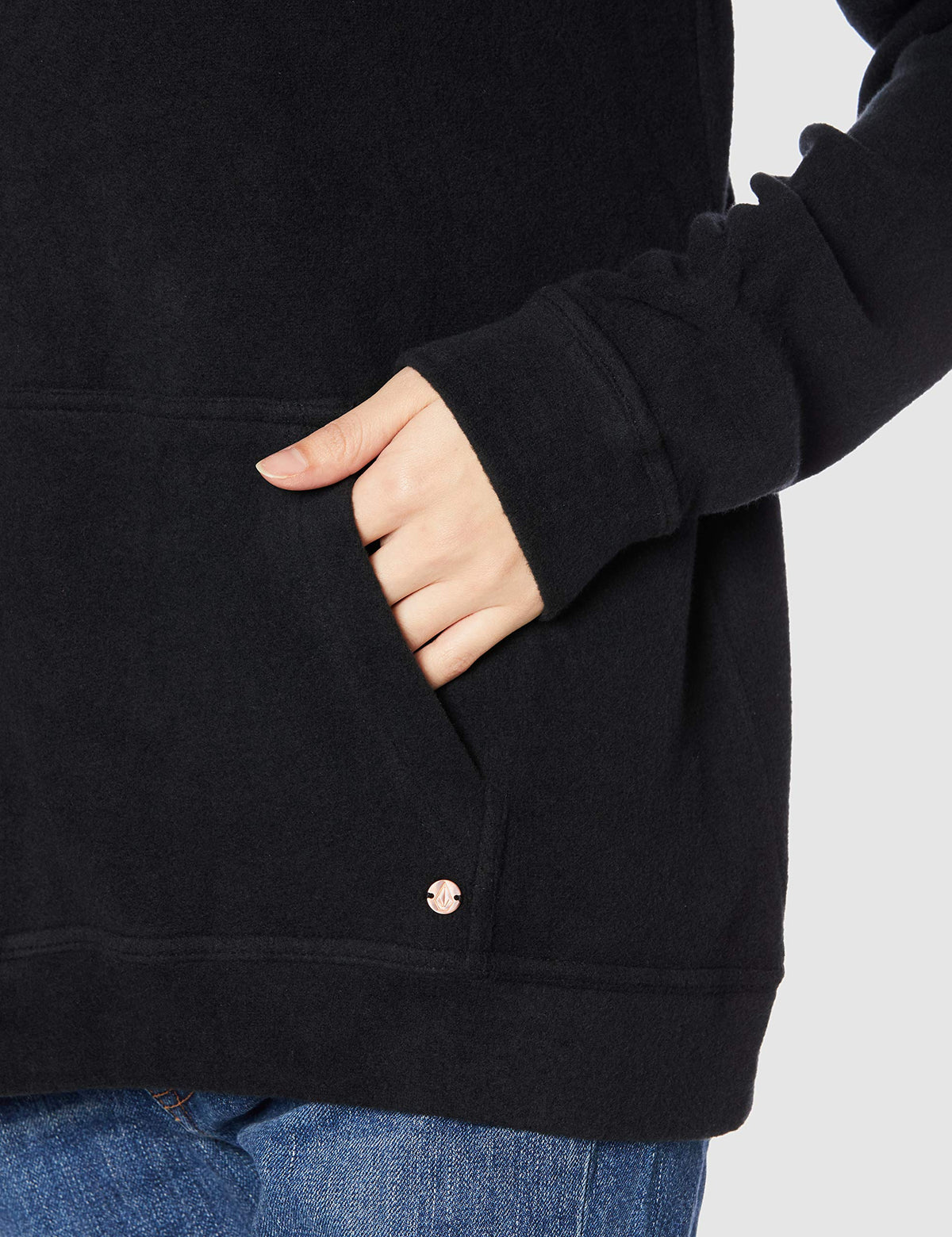 Black hooded fleece sweatshirt with snap logo and front pocket detail