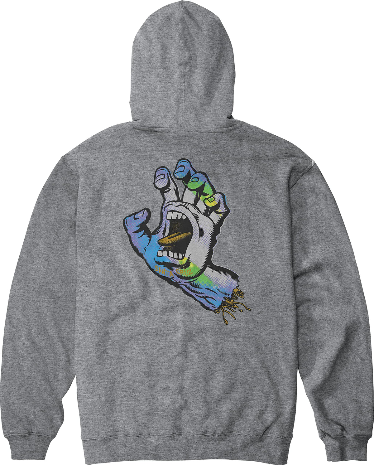 Heather grey hooded pullover sweatshirt with large back graphic and kangaroo pocket