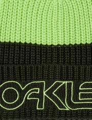 Close-up of Oakley logo on dark green ribbed cuff of lime beanie