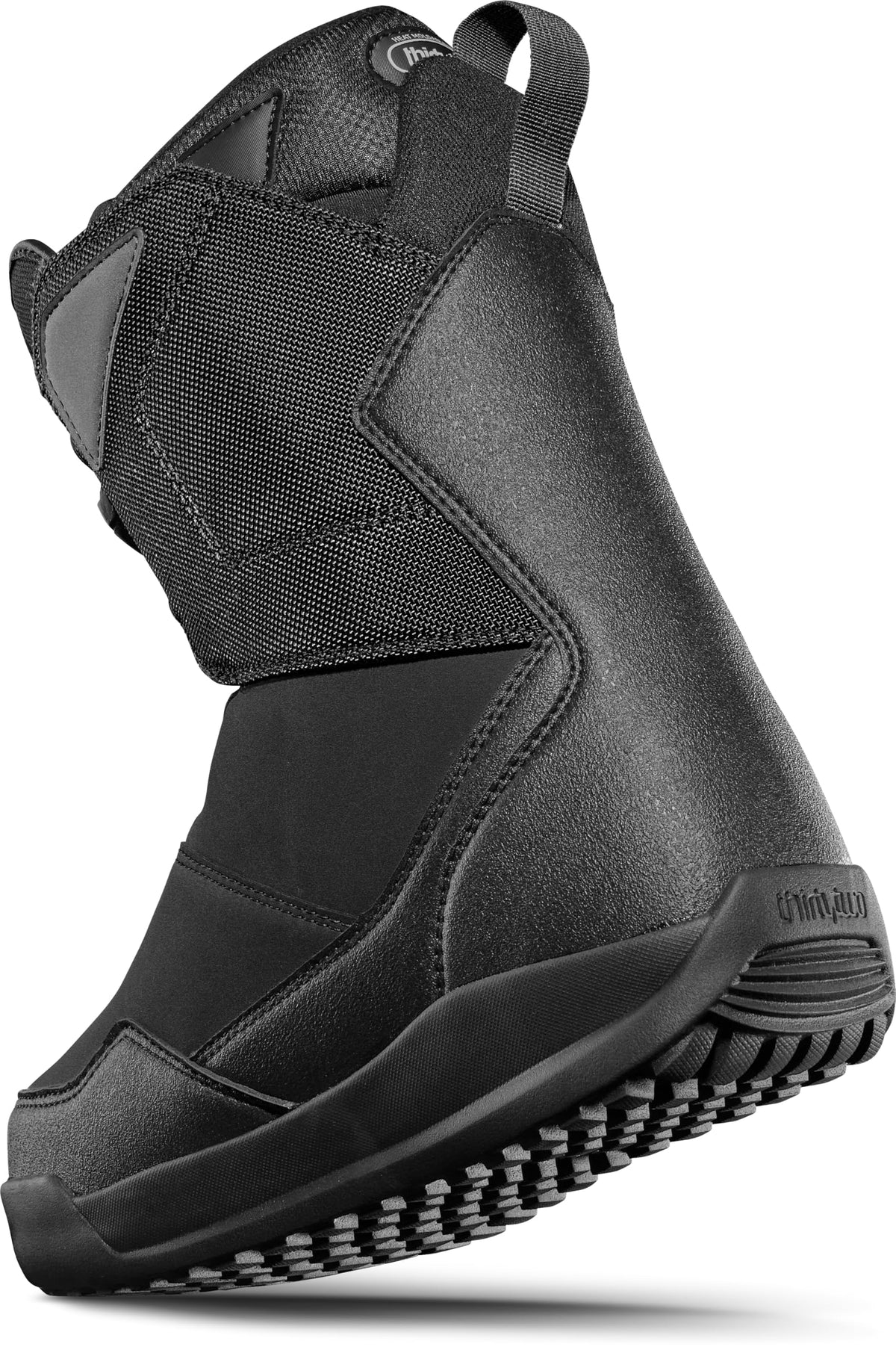Men's black snowboard BOA boots, side panels, adjustable ankle strap