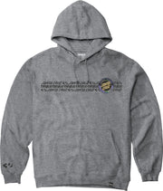 Heather grey hooded pullover sweatshirt with front pocket and drawstring hood