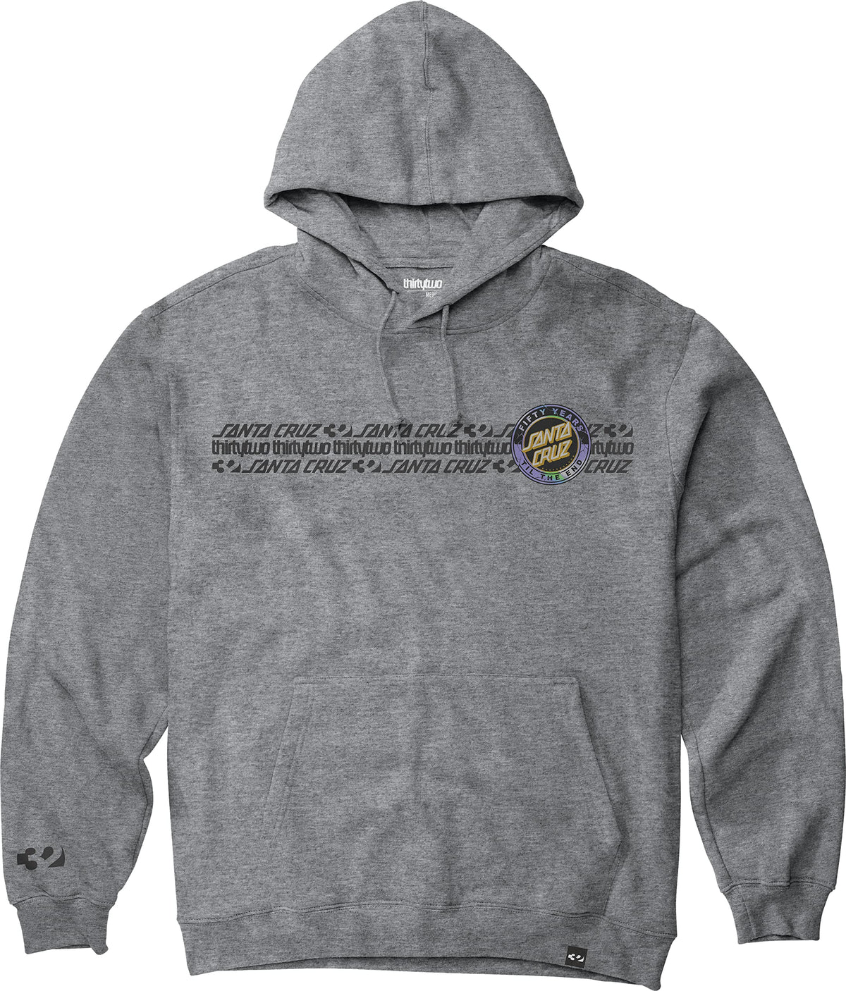 Heather grey hooded pullover sweatshirt with front pocket and drawstring hood
