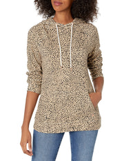 Animal print hooded fleece sweatshirt with white drawstring cords