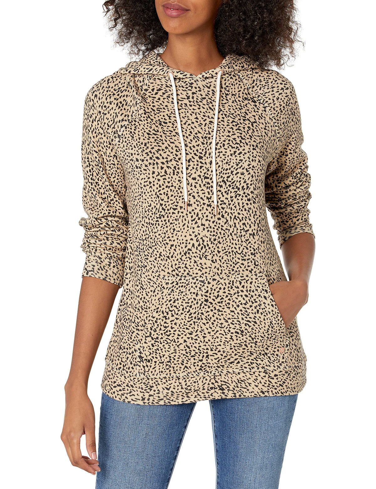 Animal print hooded fleece sweatshirt with white drawstring cords