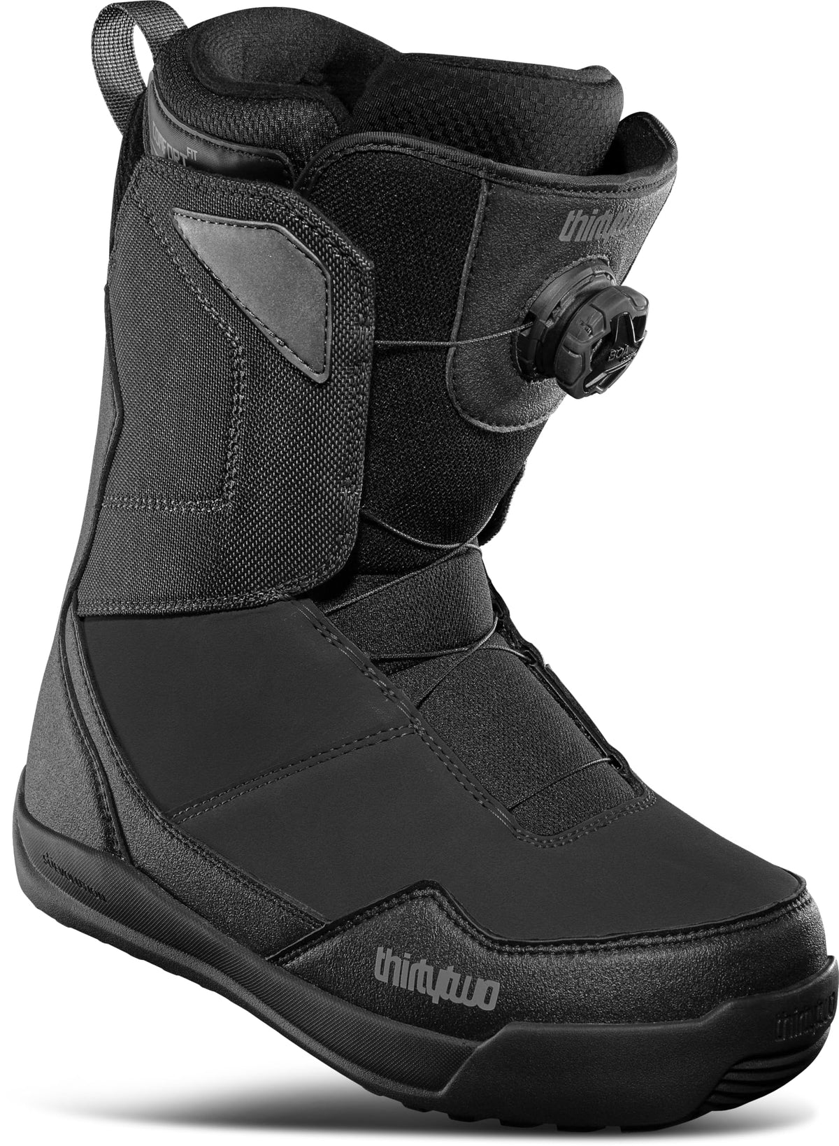 Men's black snowboard BOA boots with padded collar and side harness