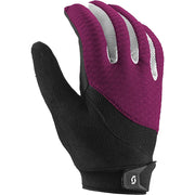 Women's bike gloves in plum and black, padded grip palm and wrist