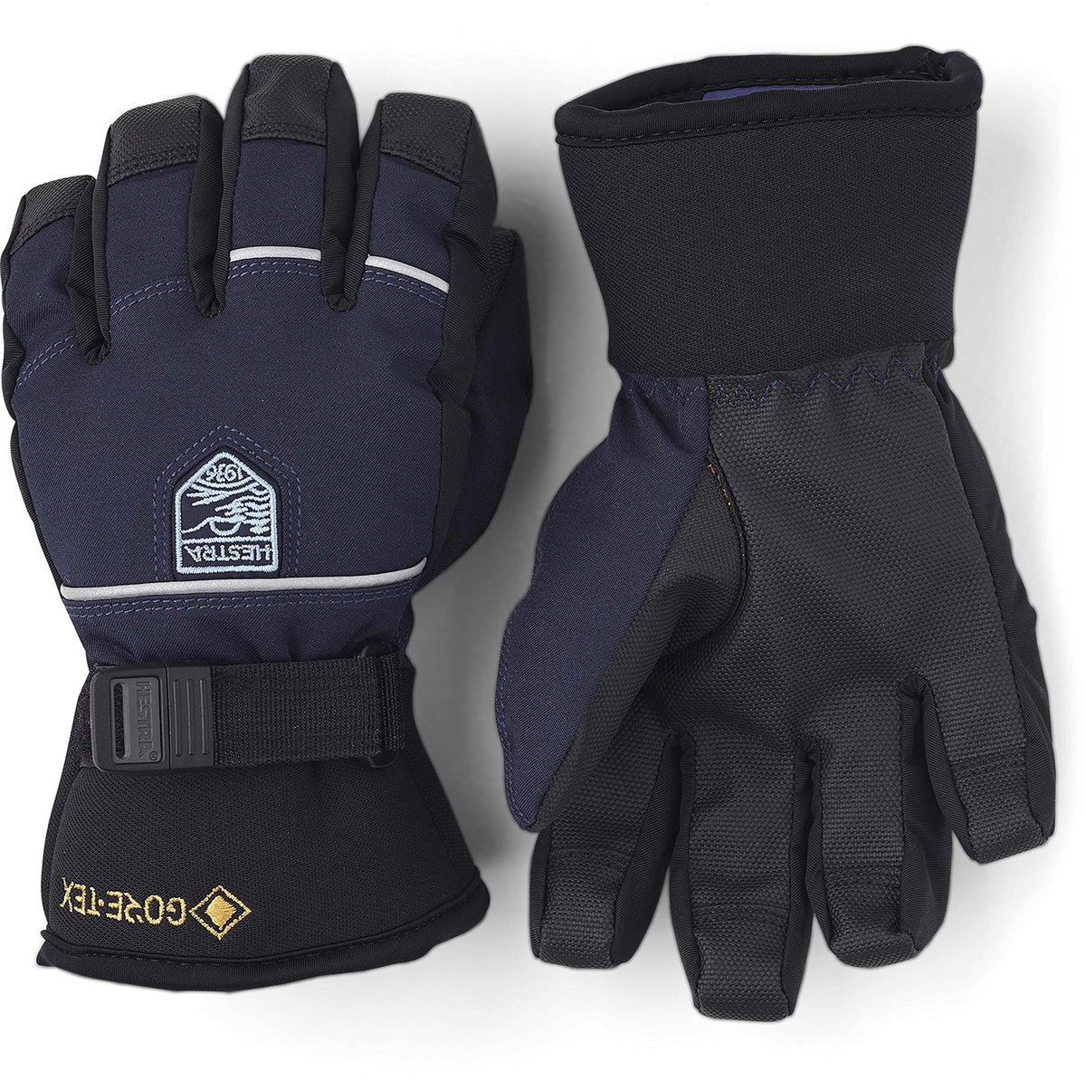Navy kids waterproof GORE-TEX gloves with hook-and-loop wrist strap and logo patch