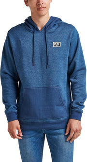 Men's fleece hoodie in insignia blue with hood drawstrings, front pocket, REEF logo