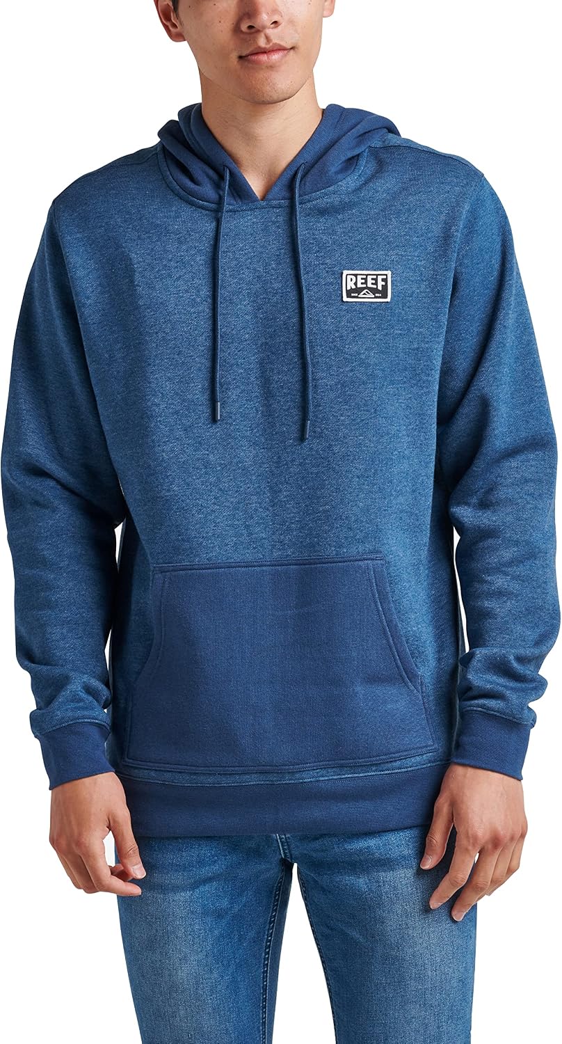 Men's fleece hoodie in insignia blue with hood drawstrings, front pocket, REEF logo