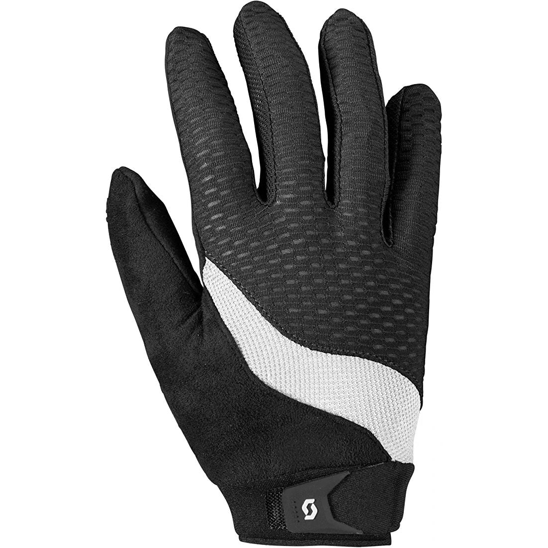 Women's bike gloves in black with white accent, textured grip and wrist strap