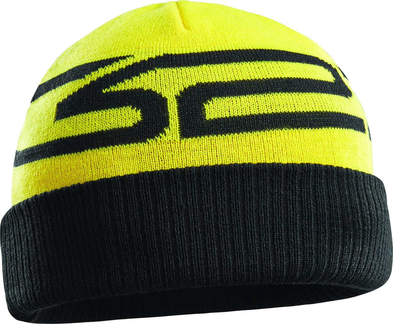 Ribbed knit beanie in neon yellow-green with black logo stripes and fold cuff