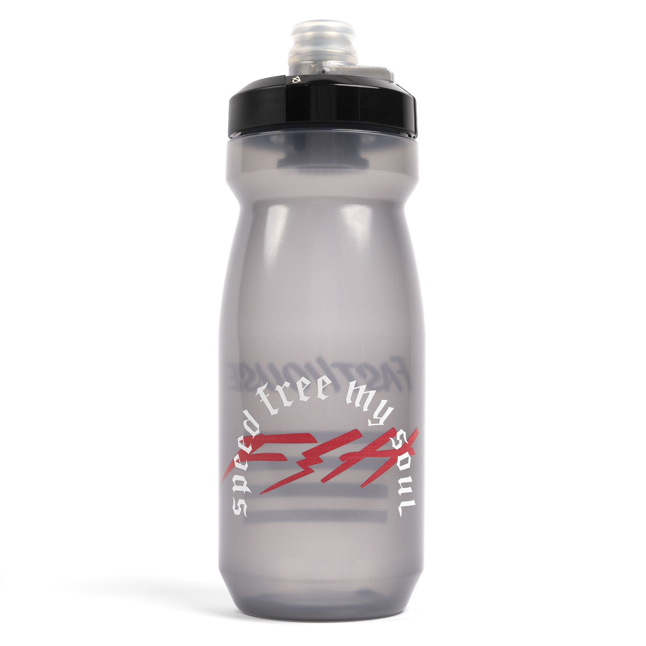 Fasthouse Menace water bottle in smoke gray with black cap and lightning graphic