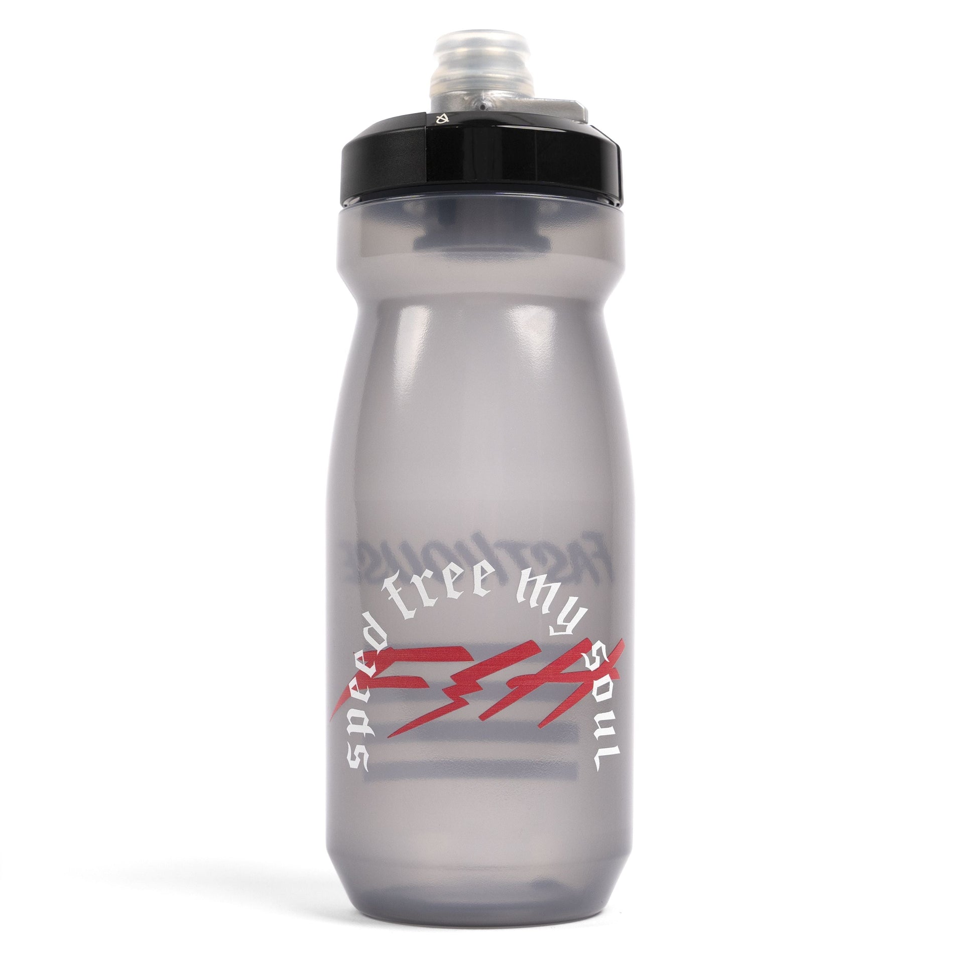 Fasthouse Menace water bottle in smoke gray with black cap and lightning graphic