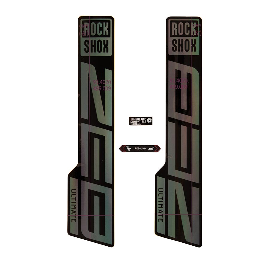 RockShox fork decal kit, black and green with rainbow foil accents, pair of side stickers